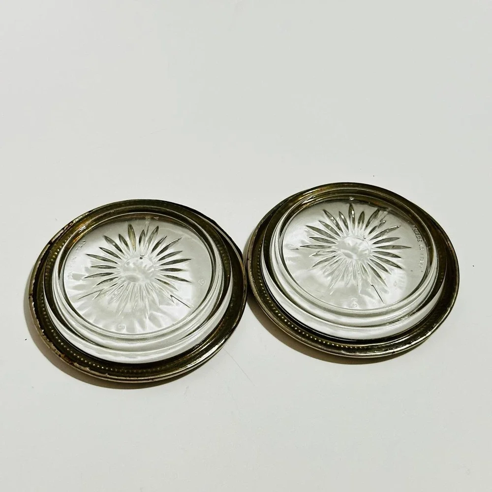 Vintage‎ Made in Italy Glass Coasters Set 2 Silver Beaded Rim Sunburst Starburst